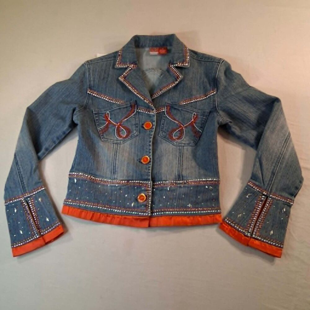 Vintage Johnny Girl Denim Jacket Womens Medium Rhinestone Embellished Y2K Blue